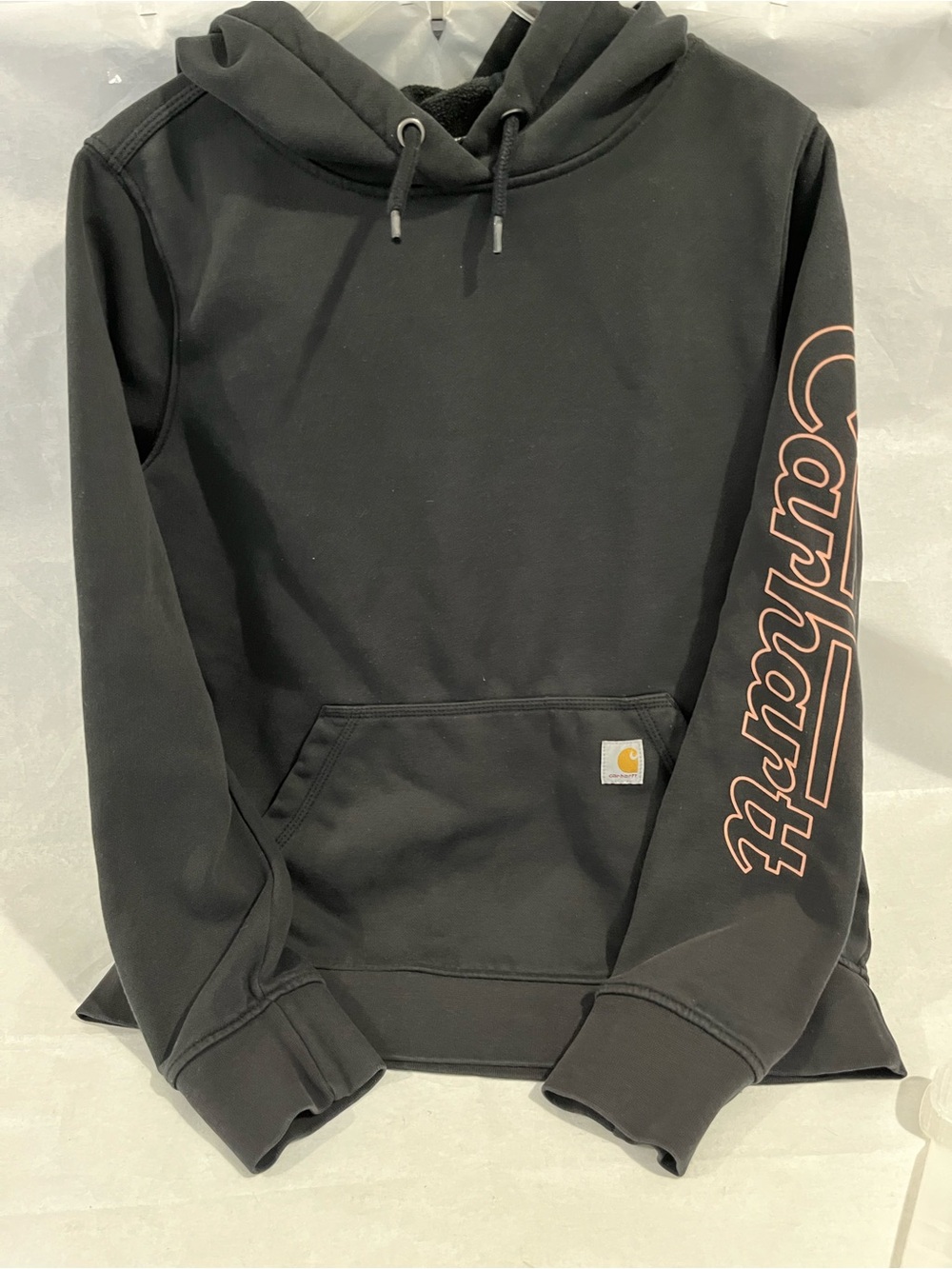 Carhartt Women’s Black Crewneck Hoodie with Copper Script Sleeve